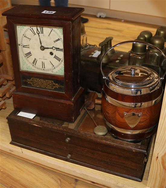 A mahogany wooden display box, a gavel and wooden biscuit barrel box 38 x 18cm